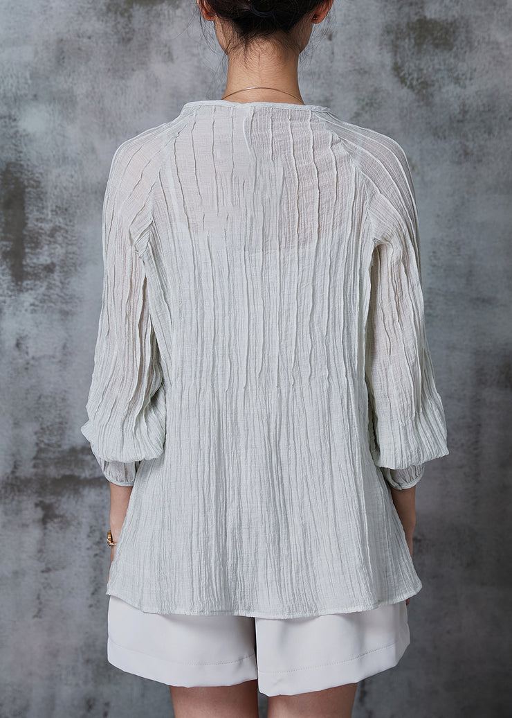 French White V Neck Wrinkled Cotton Two Pieces Set Summer