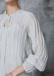 French White V Neck Wrinkled Cotton Two Pieces Set Summer