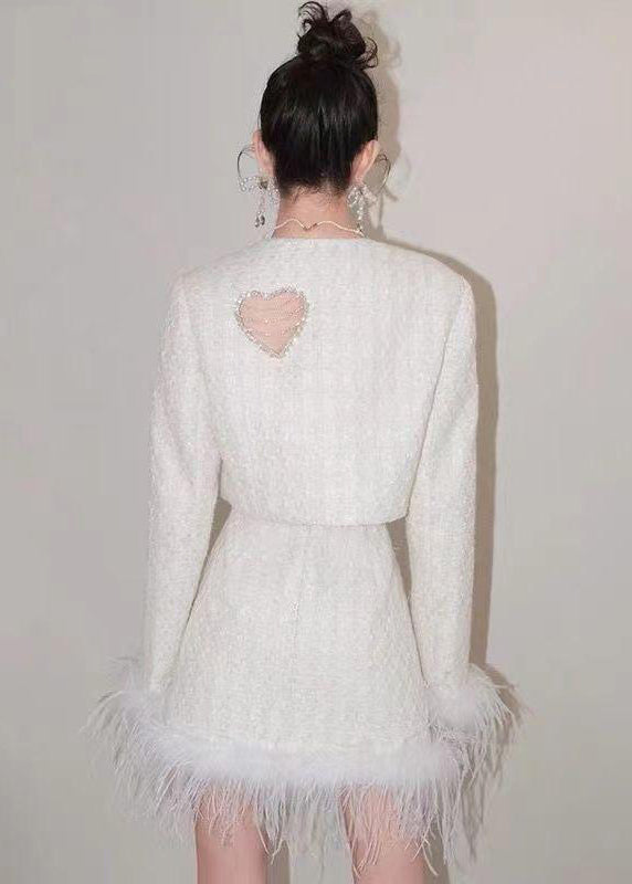 French White Zircon Tasseled Patchwork Cotton Three Pieces Set Fall