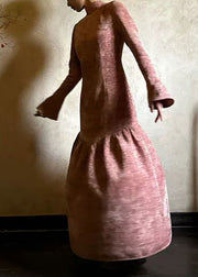 French Wrinkled Patchwork Cotton Long Dress Flare Sleeve