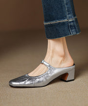 French Wrinkled Splicing Chunky Heel Beige Sheepskin