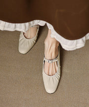 French Wrinkled Splicing Chunky Heel Beige Sheepskin