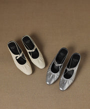 French Wrinkled Splicing Chunky Heel Beige Sheepskin