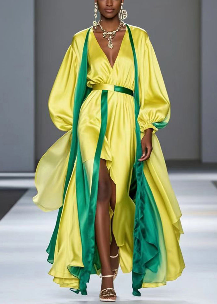 French Yellow Asymmetrical Patchwork Silk suit – SooLinen