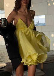French Yellow Backless Halter Spaghetti Strap Dress Summer