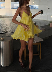 French Yellow Backless Halter Spaghetti Strap Dress Summer