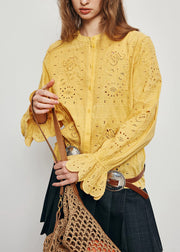 French Yellow Embroidered Button Cotton Shirts Flare Sleeve