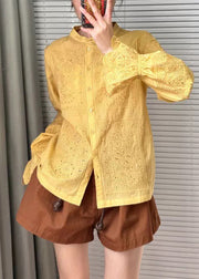 French Yellow Embroidered Button Cotton Shirts Flare Sleeve