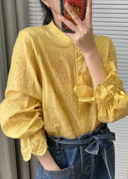 French Yellow Embroidered Button Cotton Shirts Flare Sleeve