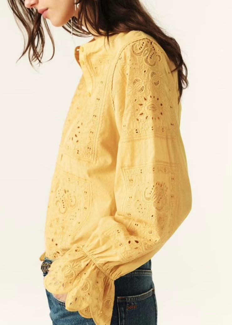 French Yellow Embroidered Button Cotton Shirts Flare Sleeve