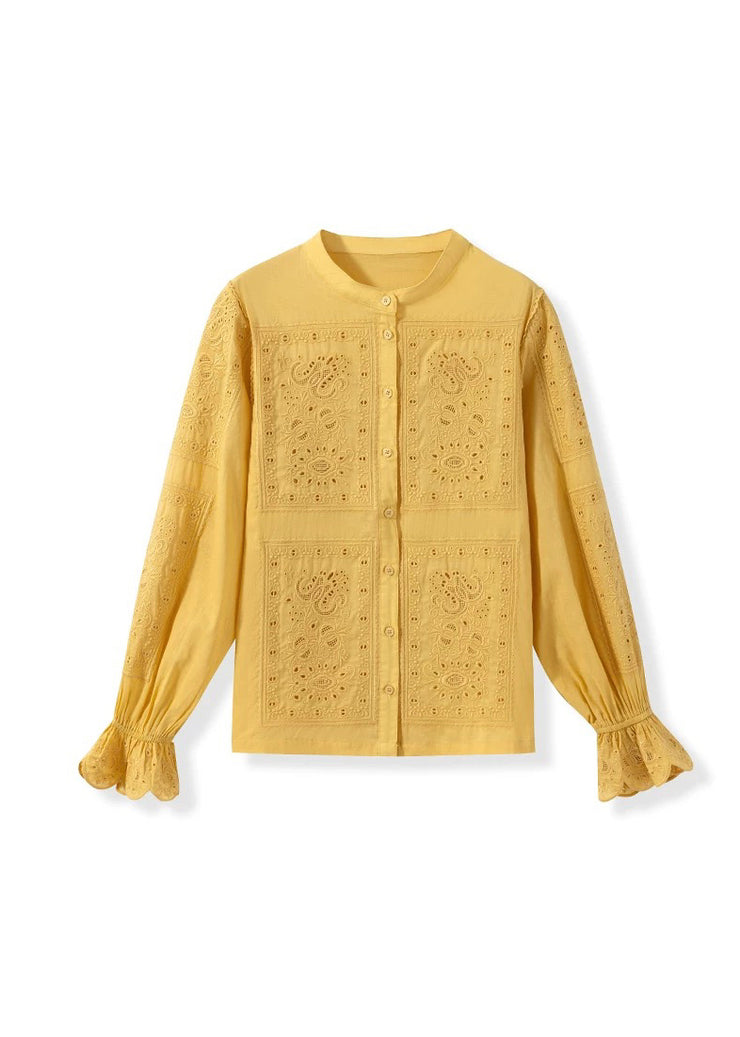 French Yellow Embroidered Button Cotton Shirts Flare Sleeve