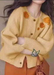French Yellow Floral Decorated Thick Knit Cardigan Winter