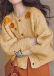 French Yellow Floral Decorated Thick Knit Cardigan Winter