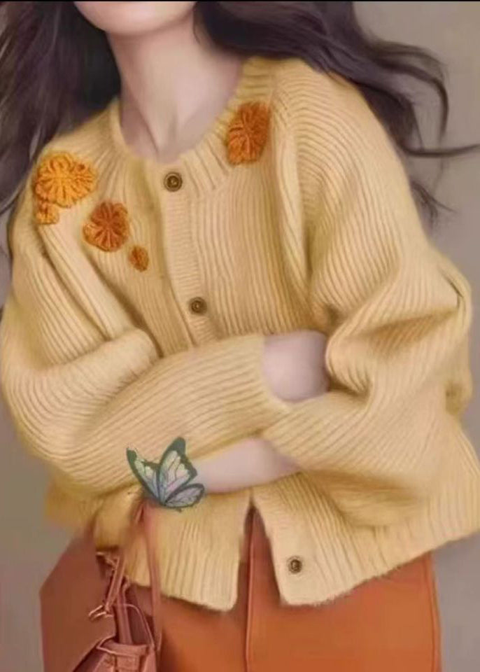 French Yellow Floral Decorated Thick Knit Cardigan Winter