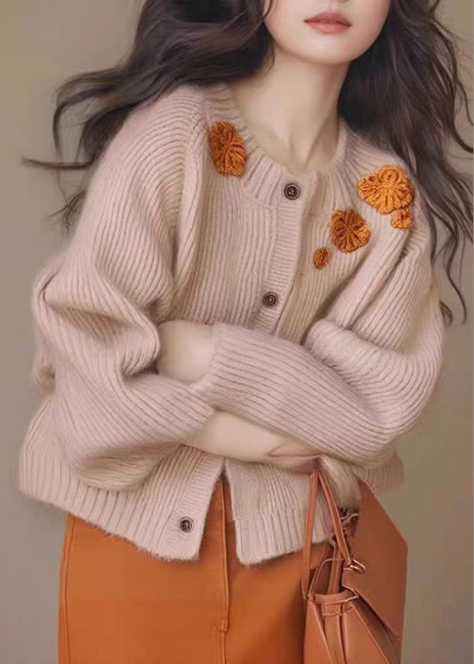 French Yellow Floral Decorated Thick Knit Cardigan Winter