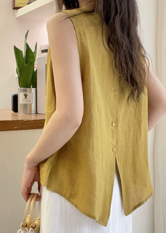 French Yellow O Neck Button Cotton Blouse Tops Sleeveless