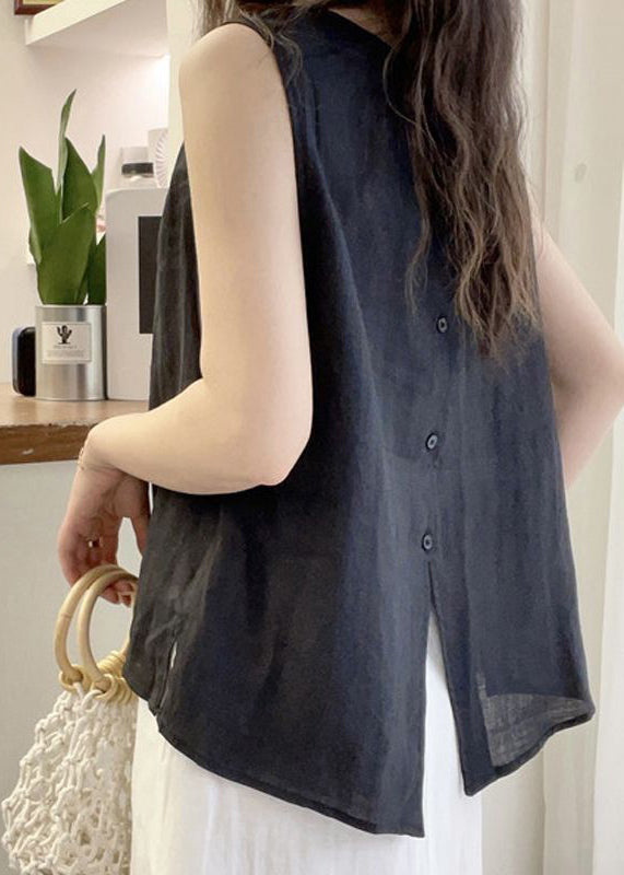 French Yellow O Neck Button Cotton Blouse Tops Sleeveless