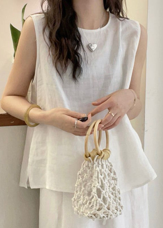 French Yellow O Neck Button Cotton Blouse Tops Sleeveless