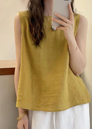 French Yellow O Neck Button Cotton Blouse Tops Sleeveless