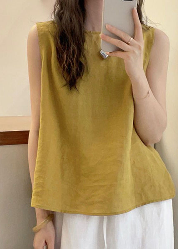 French Yellow O Neck Button Cotton Blouse Tops Sleeveless
