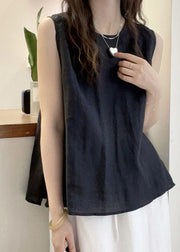 French Yellow O Neck Button Cotton Blouse Tops Sleeveless