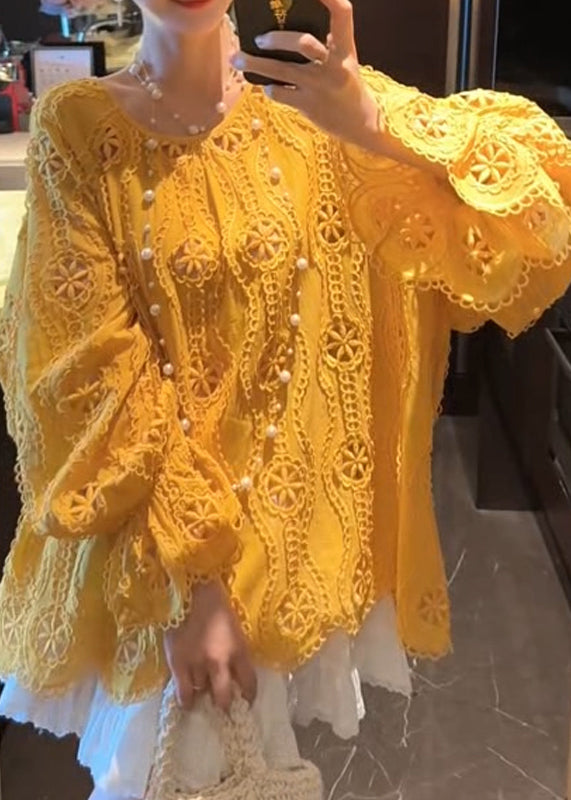French Yellow O Neck Hollow Out Lace Shirt Top Long Sleeve