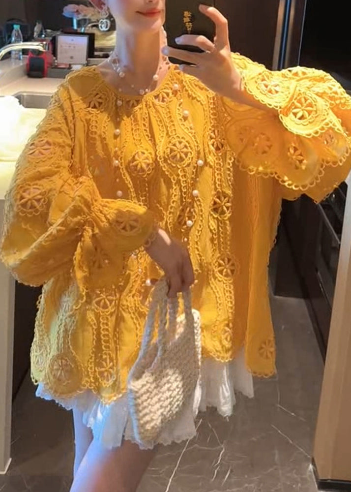 French Yellow O Neck Hollow Out Lace Shirt Top Long Sleeve