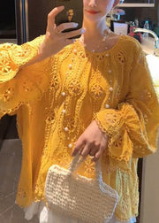 French Yellow O Neck Hollow Out Lace Shirt Top Long Sleeve