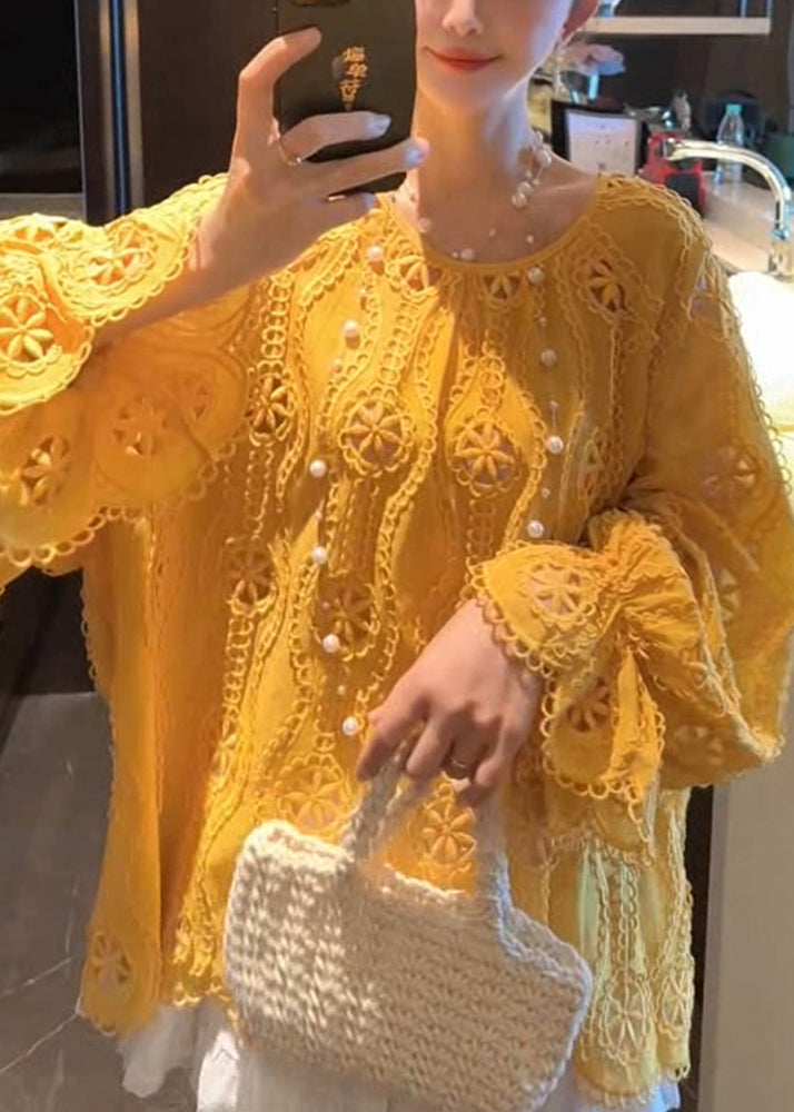 French Yellow O Neck Hollow Out Lace Shirt Top Long Sleeve