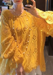 French Yellow O Neck Hollow Out Lace Shirt Top Long Sleeve