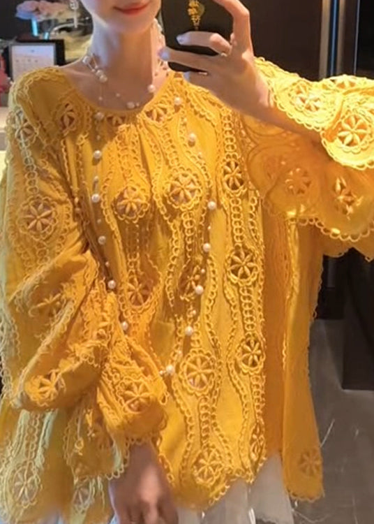French Yellow O Neck Hollow Out Lace Shirt Top Long Sleeve