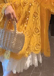 French Yellow O Neck Hollow Out Lace Shirt Top Long Sleeve