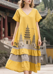 French Yellow Oversized Patchwork Linen Dress Summer