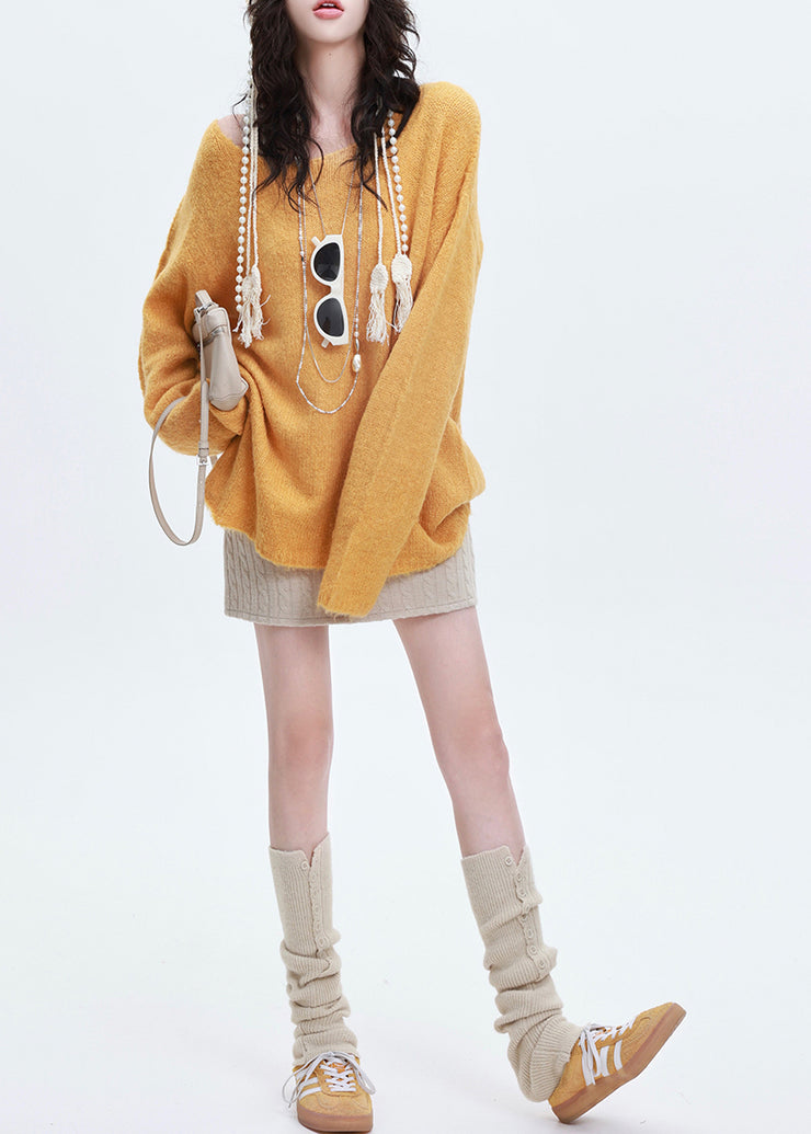 French Yellow Oversized Warm Knit Sweater Tops Winter