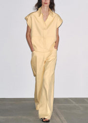French Yellow Peter Pan Collar Tops And Pants Cotton Two Pieces Set Summer