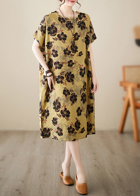 French Yellow Print Patchwork Holiday Long Dress Short Sleeve