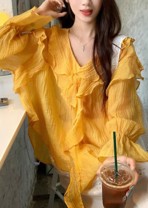 French Yellow Ruffled Cozy Shirt Flare Sleeve