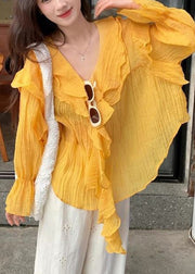 French Yellow Ruffled Cozy Shirt Flare Sleeve