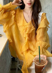 French Yellow Ruffled Cozy Shirt Flare Sleeve