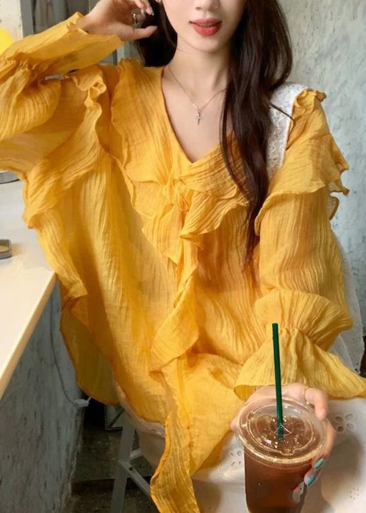 French Yellow Ruffled Cozy Shirt Flare Sleeve