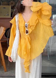 French Yellow Ruffled Cozy Shirt Flare Sleeve