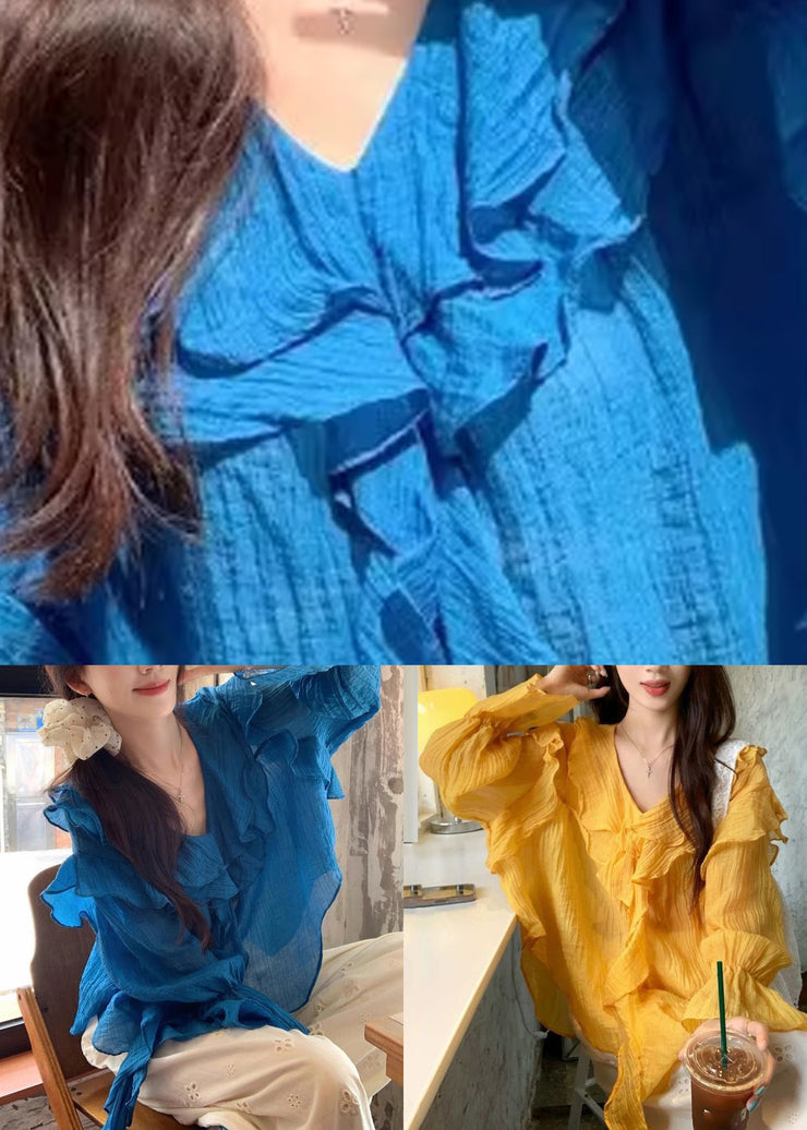 French Yellow Ruffled Cozy Shirt Flare Sleeve
