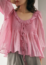 French Yellow Ruffled Patchwork Linen Shirt Top Summer