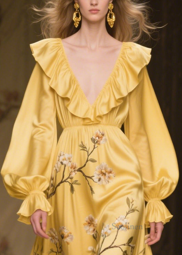 French Yellow Ruffled Print Silk Party Dress Fall