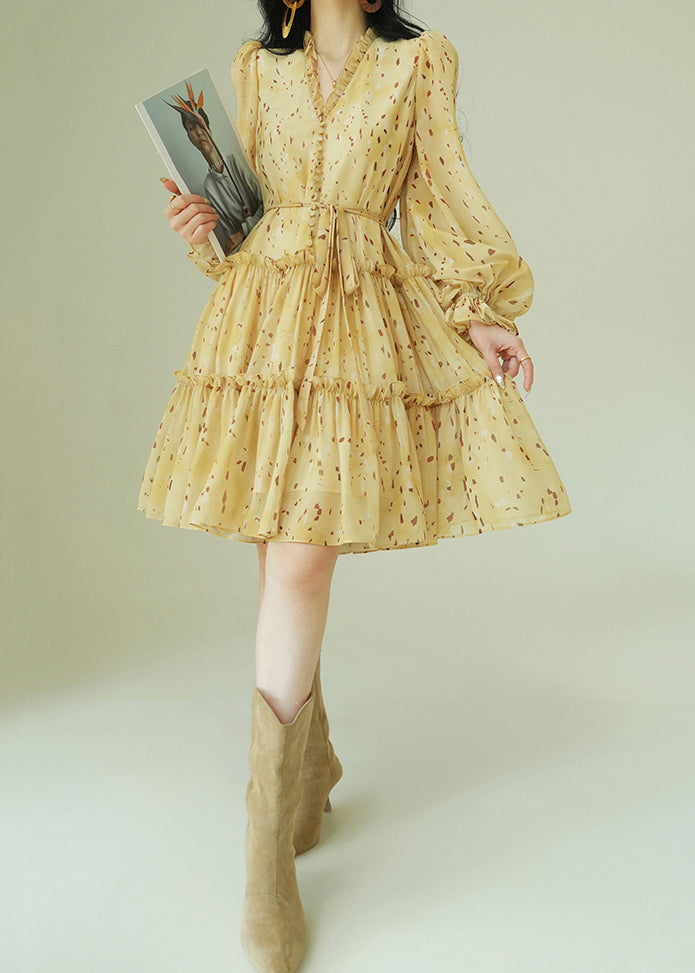 French Yellow Ruffled Print Tie Waist Chiffon Dress Fall