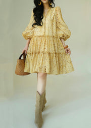 French Yellow Ruffled Print Tie Waist Chiffon Dress Fall