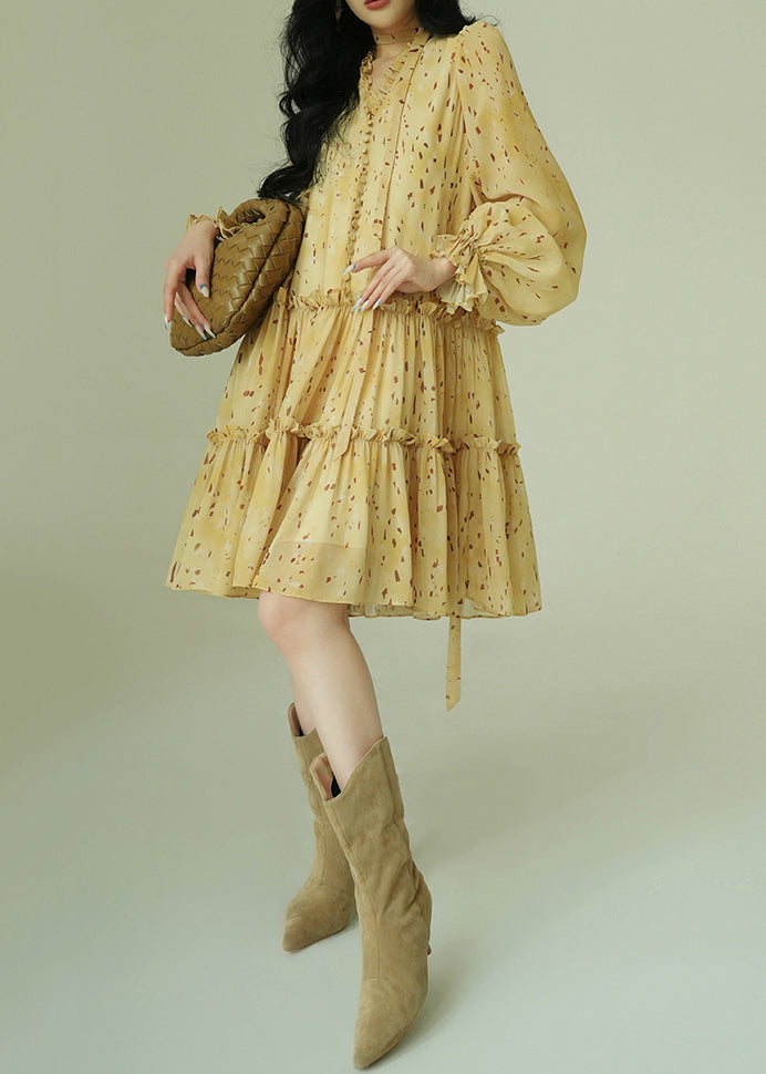 French Yellow Ruffled Print Tie Waist Chiffon Dress Fall