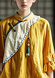 French Yellow Stand Collar Button Cotton Shirts Flare Sleeve