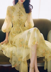 French Yellow Stand Collar Puff Sleeve Print Chiffon Dress