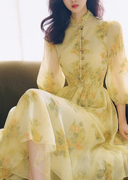 French Yellow Stand Collar Puff Sleeve Print Chiffon Dress
